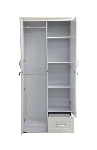 Multi Home Furniture White Wooden 2 Door Wardrobe with Mirror and 1 Storage Cabinet Drawer | Almirah Cabinet for Clothes | Wardrobe Cabinet with 4 Shelves | Stylish Cupboard for Living Room & Bedroom