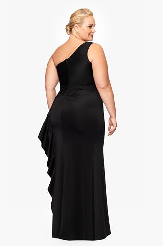 Image of Xscape Women's Floor Length One Shoulder Ruched Waist with Ruffle Bodice Evening Dress with Side Slit, Black, 14W