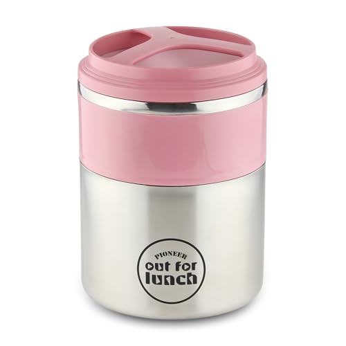 Pioneer Out for Lunch Vacuum Insulated Lunchbox/ Food Soup Thermo Flask, 2 Tier 1500ml/ 1.5 Litre Stainless Steel Leakproof Food Container, Pink