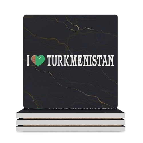 Lot de 4 dessous de verre carrés avec motif drapeau national du Turkménistan avec inscription « I Love Turkménistan » pour décoration de table basse moderne, dos en liège pour la décoration de la