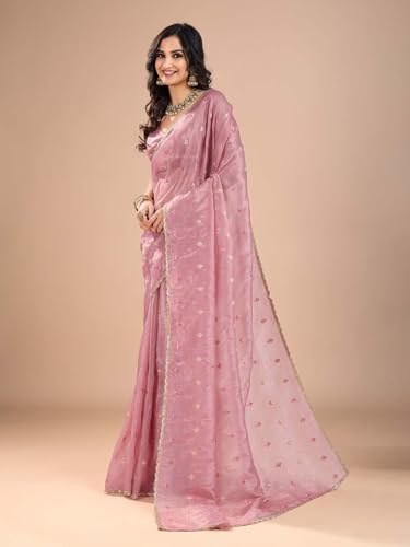 Image of AKHILAM Women's Organza Embroidered Sequins Work Saree With Unstitched Blouse Piece (RANI2501 RN Parent)