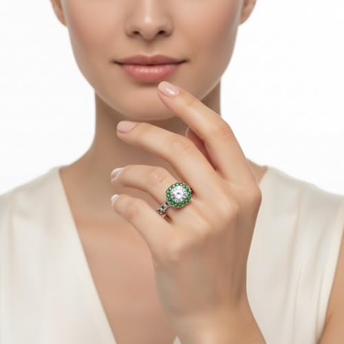 Image of Choose Your Gemstone Cathedral Halo Two Tone Engagement Ring 925 Sterling Silver Round Shape Halo Engagement Rings Lightweight Office Wear Everyday Gift Jewelry US Size 4 to 12