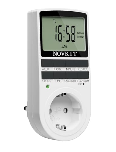 NOVKIT digitale Zeitschaltuhr Steckdose mit 10 konfigurierbaren wöchentlichen Programme und einbruchsicheren Zufallsfunktion für Innen (230V / 16A / 3680W)