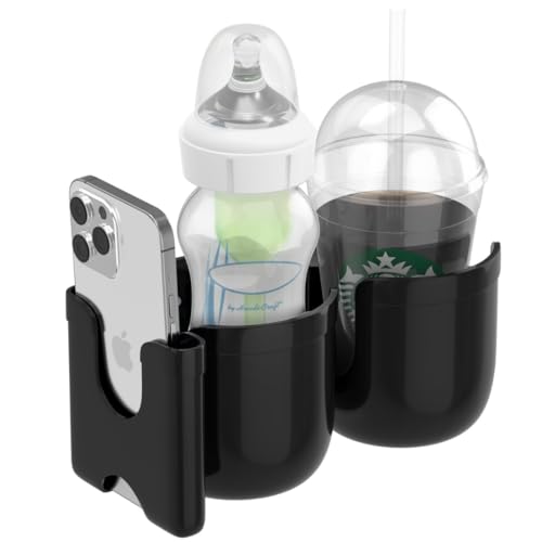 Micus – Portavasos Carrito de Bebe, portabebidas Carrito, Accesorios Carrito Bebe, Posavasos Carro Bebe, Accesorios de andadores, portavasos Silla Playa. (Portavasos 3 en 1 Doble, Negro)