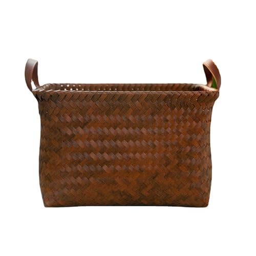 SKY-TOUCH Rectangular Rattan Storage Basket with Handle Strong and Durable Hand-Woven Rattan Basket for Organizing Storage and Organizer Baskets 38x24x28cm Coffee Color