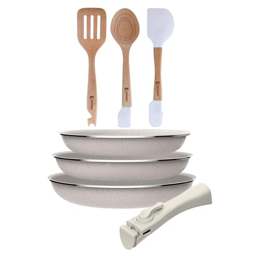 Juego de 3 sartenes San Ignacio Ø18Ø20Ø24cm aluminio prensado, antiadherente con mango extraíble+Juego de 3 Utensilios de cocina en silicona y madera