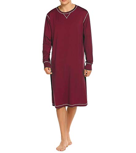 Ekouaer Men s Nightshirt Soft Cotton Nightgown Comfy Long Sleeve Loose Pajama Sleep Shirt,Wine Red,Medium
