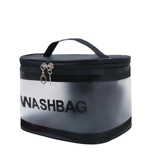 Image of Transparent and PU Waterproof Cosmetic Wash Bag (Black, Square Shape) - Travel Toiletry Organizer Pouch with Zipper & Handle for Makeup & Skincare (21.5W x 15B x 16H cm, Pack of 1)