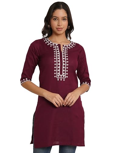 Image of Brownverse Pure Cotton Embroidered Women Short Kurti
