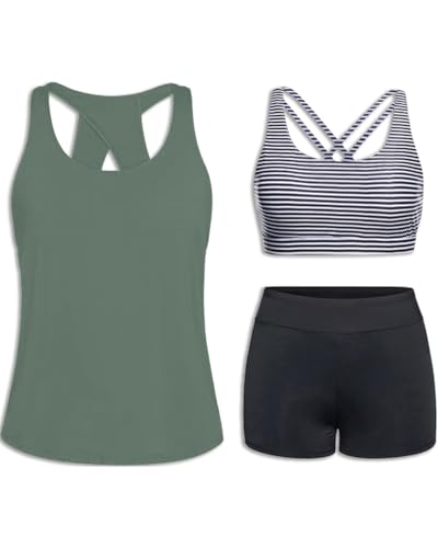 Tempt Me 3 Piece Tankini Swimsuits for Women Athletic Bathing Suits Swim Tank Top with Boy Shorts and Bra Modest Swimwear