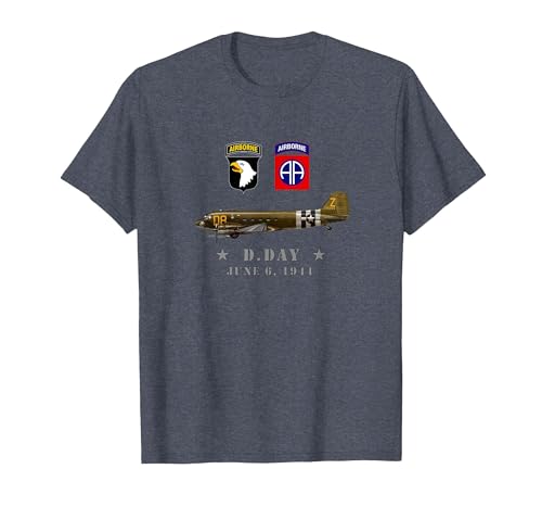 US Parachutistes D-Day WW2 Normandy 82nd Airborne 101nd T-Shirt, Homme, Bleu Chiné, M