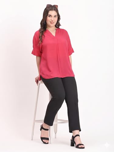 Image of SINDOORI Relaxed Fit Tops for Women Plus Size Solid Printed Mandarin Collar, Band Collar, V-Neck Top, Half Sleeve Loose Fit