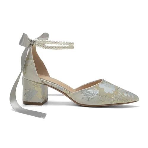 Floral Satin Wedding Shoes for Bride Block Heel Pointed Toe Pearl Bridal Shoes Wedding Heels4