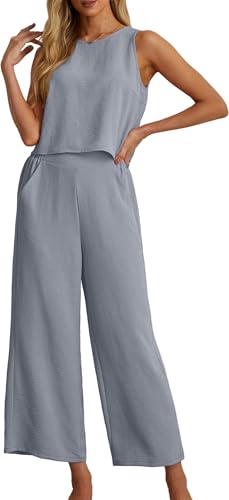 IWOLLENCE Women's Summer 2 Piece Outfits Set Round neck Sleeveless Tank Crop Top Wide Leg pants Set Pockets Jumpsuits Haze Blue 2XL