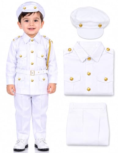 Image of BookMyCostume Premium Fabric Navy Dress for Kids Professionals & Community Helpers Costume with Shirt, Pants, Cap & Whistle | Navy Officer & Captain Outfit for Fancy Dress & School Events 4-5 Years