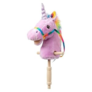 HollyHOME Unicorn Stick Horse Handcrafted Hobby Horse on a Stick with Wood Wheels Real Pony Neighing and Galloping Sounds Plush Unicorn Toy Purple 36 Inches(AA Batteries Required)