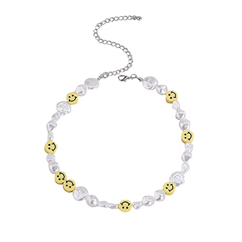 Kbsin212 Collar para Mujer, Collar Smile y Perlas De Agua Dulce, con Una Carita Amarilla, Collar De Perlas En La Clavícula, Perlas Barrocas, para Mujeres, Adolescentes, Niños, Adultos