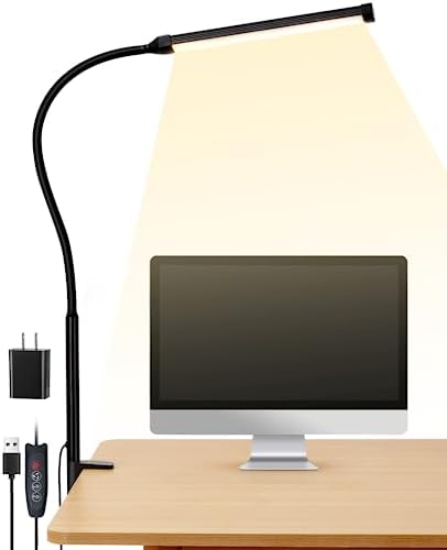 LIBORA Led Desk Lamp for Home Office, Eye-Caring Clip Lights, Architect Reading Task Clamp Lamps, 3 Modes 10 Brightness, Flexible Gooseneck, Memory Function, Black