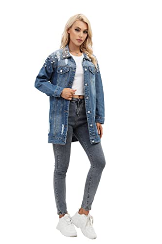 Ypct Distressed Jean Jacket For Women Lengthened Pearl Ripped Denim Jacket (Blue, X-Large) #TOP1