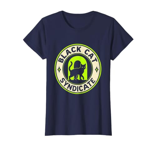 Black Cat Syndicate Horror Cat Mom Halloween Parody Humor T-Shirt, Women, Navy Blue, Large