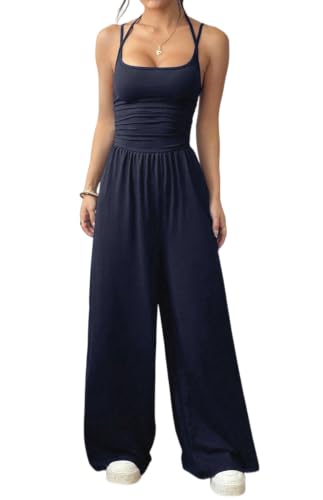 Image of Zesoyne Women's Jumpsuits Ruched Waist Wide Leg Palazzo Medium Navy Blue