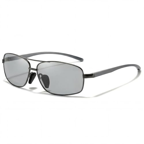 TJUTR Selbsttönende Sonnenbrille Herren Polarisierte Adaptive Sonnenbrille Metall Rechteckige Gläser UV400 Blendschutz Brille für Autofahrer Noir