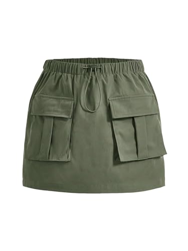 EARKOHA 2025 Skirts for Women Solid Color Drawstring Waist A-Line Work Skirt with Flap Pockets Army Green S