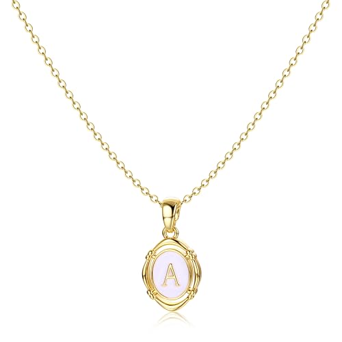 Krfy Initial Necklaces for Women - Dainty Gold Charm Necklaces 14K Gold Plated Oval Letter White Enamel Personalized Name Necklaces for Women Trendy Gold Necklace Jewelry