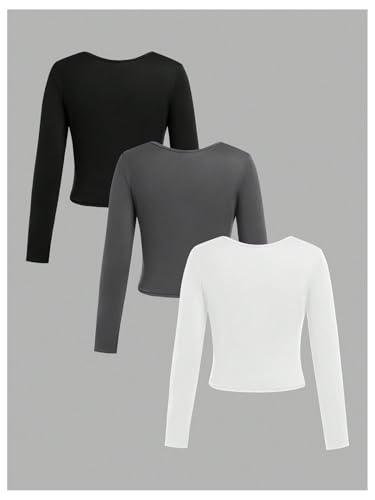 Image of RoseSeek Girl's 3 Pack Long Sleeve T Shirt Square Neck Slim Fit Basic Tee Tops Fall Tops Black Grey White 12Y