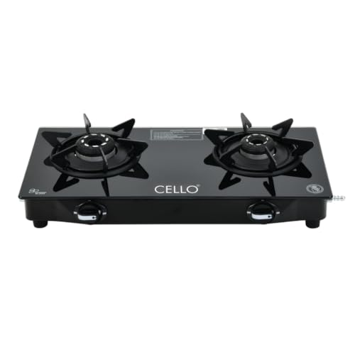 Image of Cello Dezire Plus 2 Burner Gas Stove | 6mm Toughened Glass | Manual Ignition | ISI Certified | Rapid Alloy Burnes | 1 Year Warranty | Hexa Pan Supports