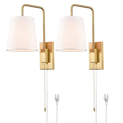 Image of Plug-in Wall Sconces Set of Two Swing Arm with Gold Fabric Shade