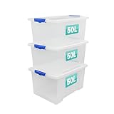 Optimal Products 3 x Storage Boxes With Clip Lock Lids 50 Litre Heavy Duty Clear Stackable Lockable Multipurpose Plastic Storage Box Indoor Outdoor Containers Home,Office,Kitchen,Garage