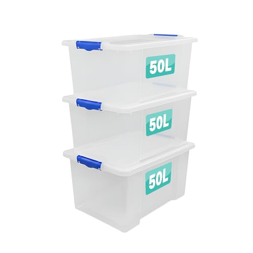 Optimal Products 3 x Storage Boxes With Clip Lock Lids 50 Litre Heavy Duty Clear Stackable Lockable Multipurpose Plastic Storage Box Indoor Outdoor Containers Home,Office,Kitchen,Garage