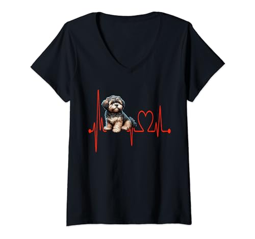Mujer Amante y propietario de Shih-Poo Dog Heartbeat Funny Dogs Camiseta Cuello V