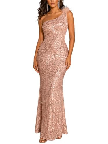 Image of One Shoulder Formal Evening Gowns Sequin Mermaid Maxi Dress for Wedding Guest