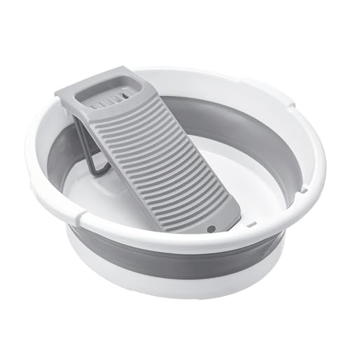 Large Collapsible Washboard Basin for Hand Washing Clothes - Portable Laundry Tub with Scrubber, Durable & Sturdy, Foldable Space-Saver, Ideal for Home, Travel, and Camping (Gray)