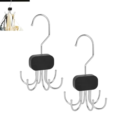 2 Pcs Belt Hanger For Wardrobe Set,360° Rotatable Portable Tie Hanger For Wardrobe Belt Storage With 6 Hooks Tie Bra Storage For Tank Top Scarf Hat Purse (Black)