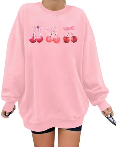 LUKYCILD Pink Bow Cherries Sweatshirts Women: Clean Girl Long Sleeve Shirt Cherry Graphic Coquette Pullover Top