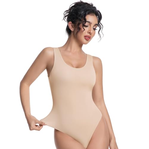 Yuiseaik Women's Tank Top Bodysuit Sleeveless Scoop Neck Thong Leotard Double Lined S-XXL (Nude, L)