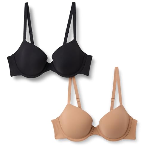 Amazon Essentials Reggiseno Demi Foderato in Microfibra Effetto Pesca Donna, Pacco da 2, Bronzo Lavato/Nero, 1A