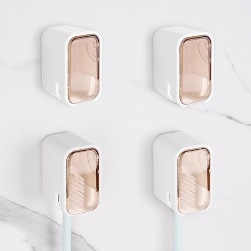 4 Pack Toothbrush Holders for Bathrooms Shower, Wall Mount Toothbrush Organizer with Cover, Self Adhesive Electric Toothbrush Storage, Quick Dry Toothbrush Hanger (Orange)