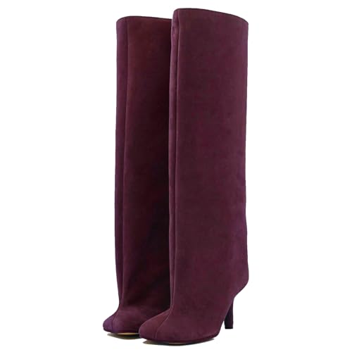 VOZTOLLS Women's Suede Knee High Boots Square Toe Stiletto Heel Wide Calf Tall Boots Sexy Slip On High Heel Dress Long Booties Burgundy Size 10