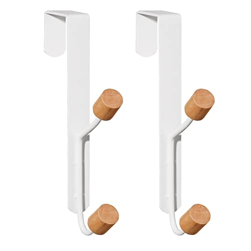 HYMIKO Over The Door Hooks, 2 Packs Sturdy Metal Wooden Organizer Rack for Hanging Coats, Hats, Robes, Towels - Bathroom Bedroom Hangers - White