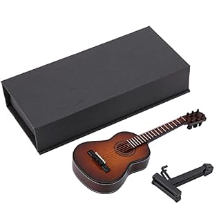 Garosa Mini Guitar, 5.5 Inch Wooden Ornament with Stand and Case, Brown, Handmade Decor for Home Desk Office - Les Beatles, Paul McCartney, John Lennon, RIngo Starr, George Harrison