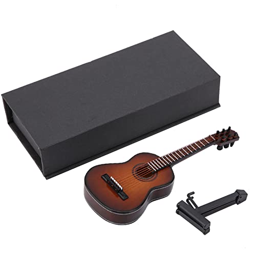 Cyrank Guitar Model Ornament, Wooden Musical Instrument Model Guitar Display Ornament with Stand and Case Miniature Musical Replica Decoration(14cm-Coffee)