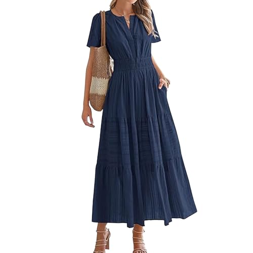 Women's Elegant Tiered Maxi Dress, Short Sleeve V-Neck, Empire Waist, Cotton, Casual Summer Dress ﻿