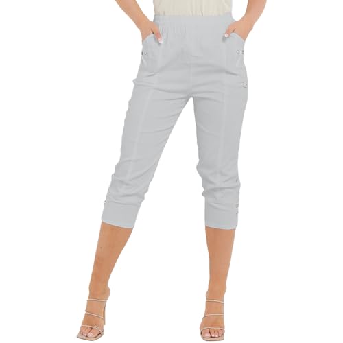 Image of Farah Collection® Women's Cherry Berry Capri Trouser, Ladies Plain Stretch Fit Elasticated Waist Summer Crop Pants (Grey, 12)