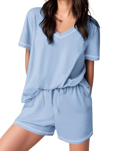 Image of Ekouaer Womens Pajamas Sets Soft 95% Cotton Pjs Short Sleeve Lounge Sets | Comfy Sleepwear Sets with pockets, ideal for Home, Mom, Party, Gifts, Daily Wear