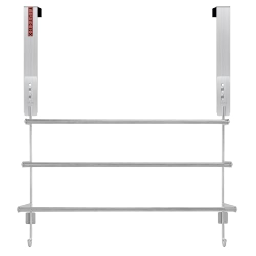 TIUTCOX Over The Door Towel Rack 304 Stainless Steel Towel Racks for Bathroom with 3-Tier Adjustable Pole 2 Punch-Free Screw Stickers 22.83 * 17.71-29.52 * 6.14 Inch Silver