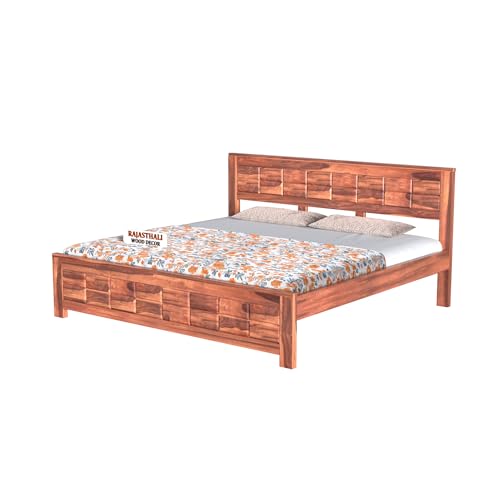 Image of Urban Block Panel Sheesham Wood King Size Bed Without Storage (81x74 Inch) | Wooden Double Bed Cot for Bedroom Furniture | Modern Palang Design | Honey Finish